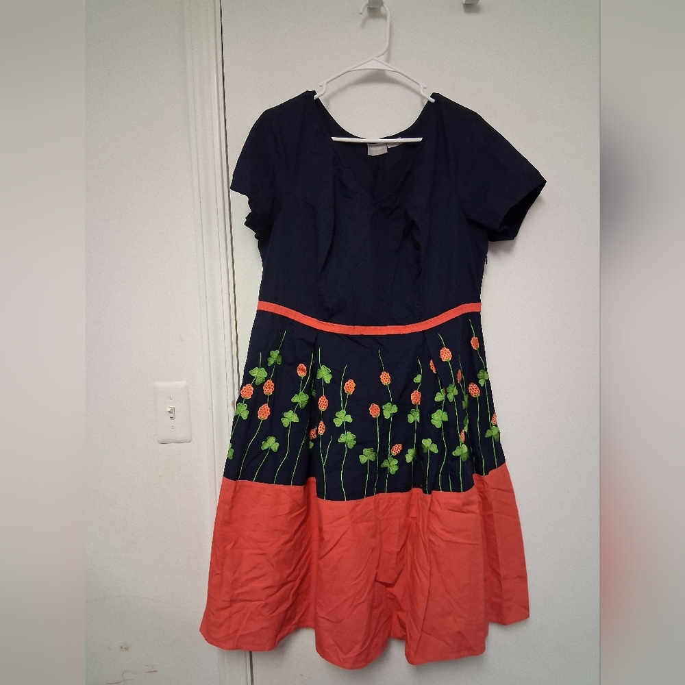Navy and Coral  Dress with Floral Embroidery